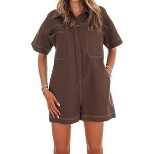 NEW REMINISCENCE contrast stitch twill romper in brown